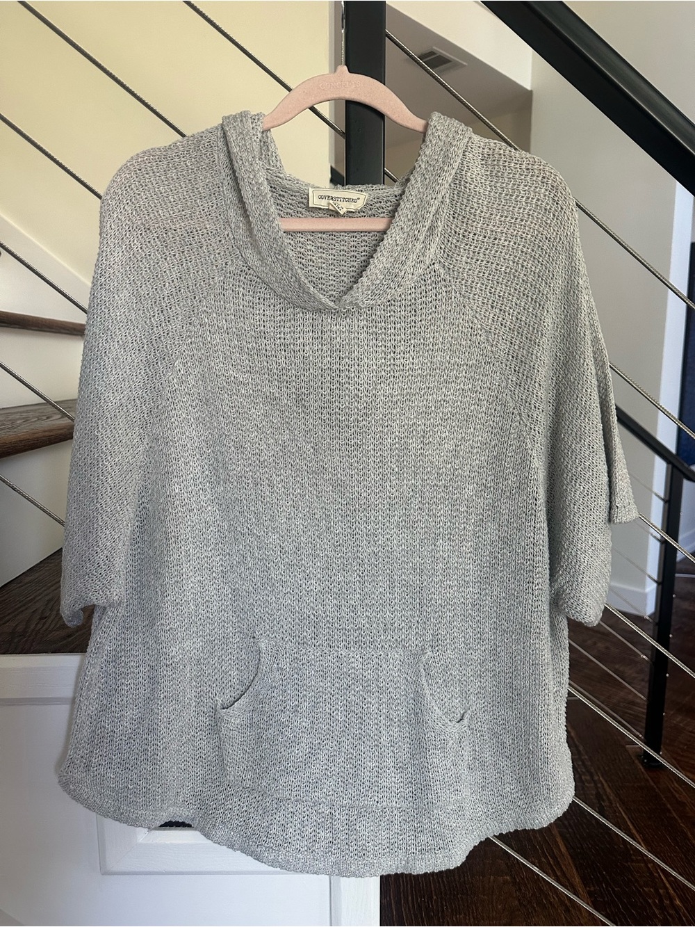 Coverstitched Gray Knit Hooded
Poncho Sweater | Size: Large
